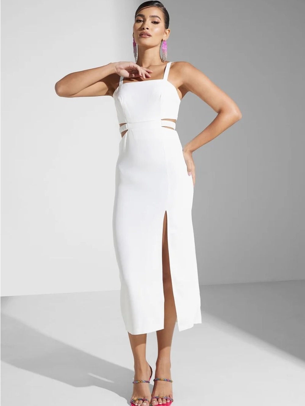 Zara White Strappy Midi Dress with Side Cutouts and Front Slit
